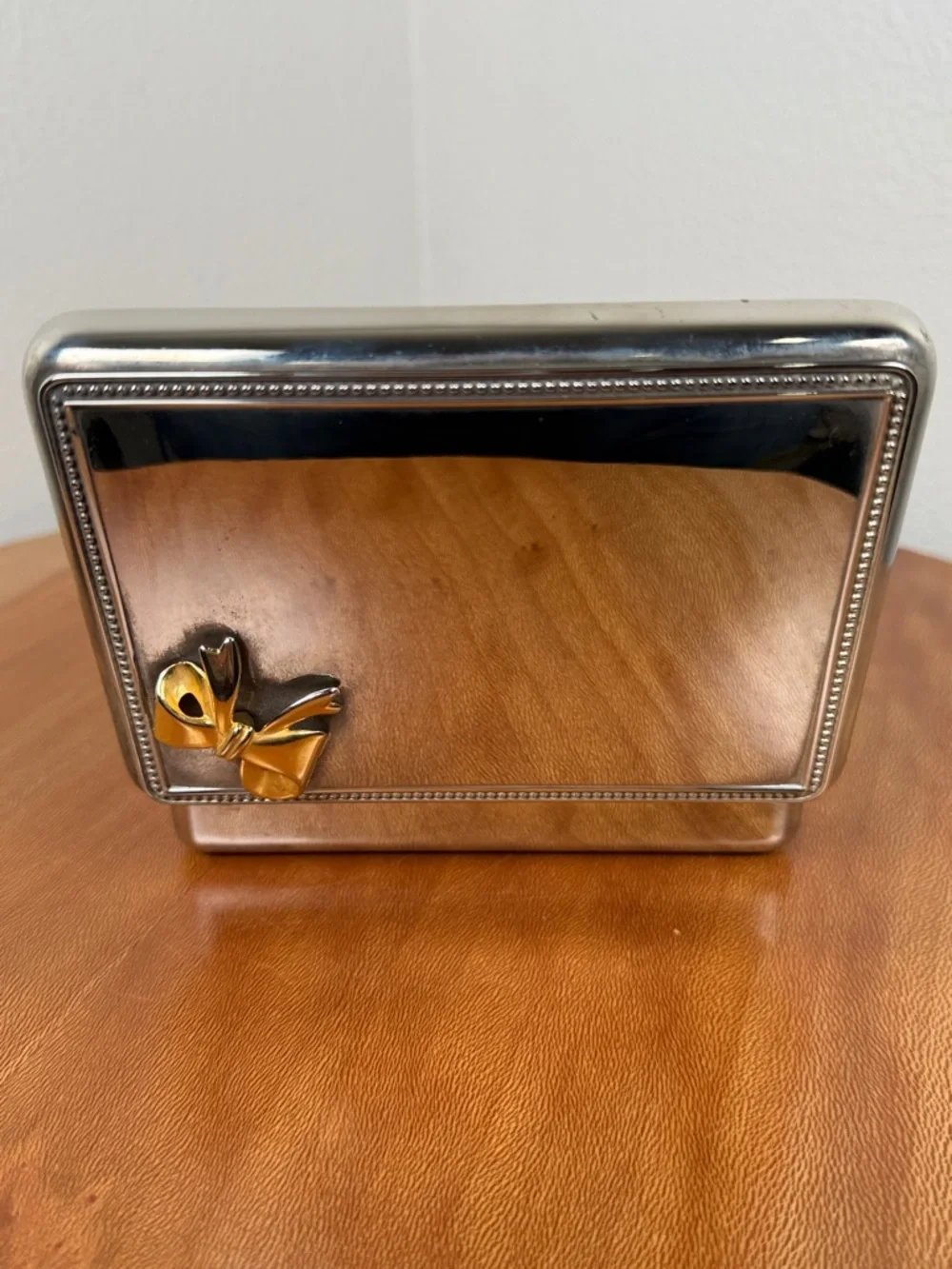 Vintage Silver Plated Jewelry Box w/ Gold Colored Bow Blue Velvet Lined